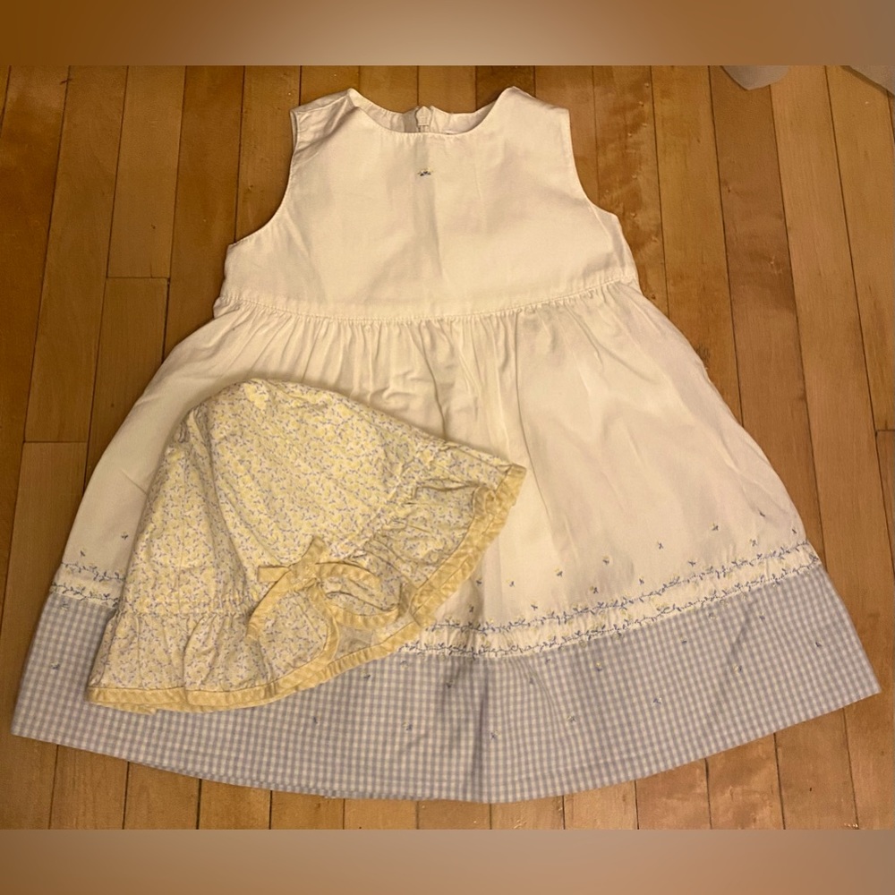 Vintage Gymboree Blue and White Sundress and Hat with Gingham and Floral Accents